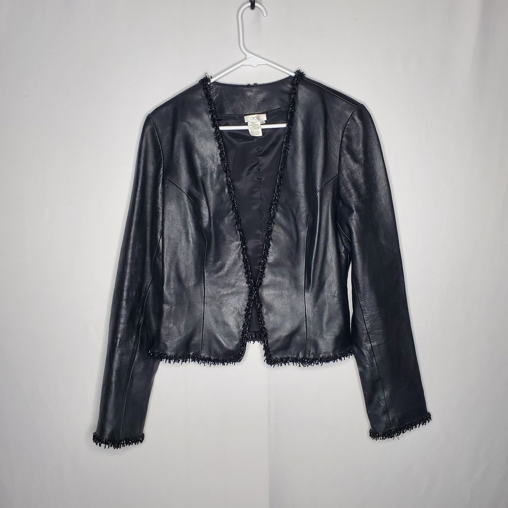Cache Vintage Beaded Leather Jacket 12 Large Fringe Baddi Glam Going-Out Y2K